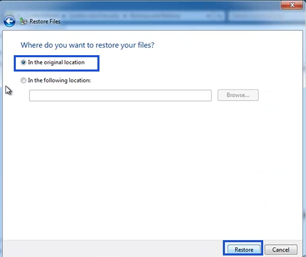Check In the original location and click Restore