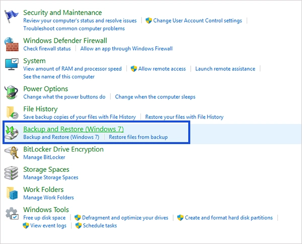 Click Backup and Restore (Windows 7)