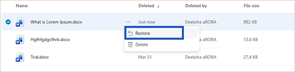 Click Options and Select Restore