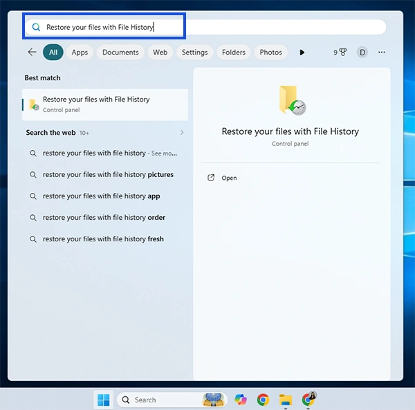 Click Start and Search. Restore your files with File History