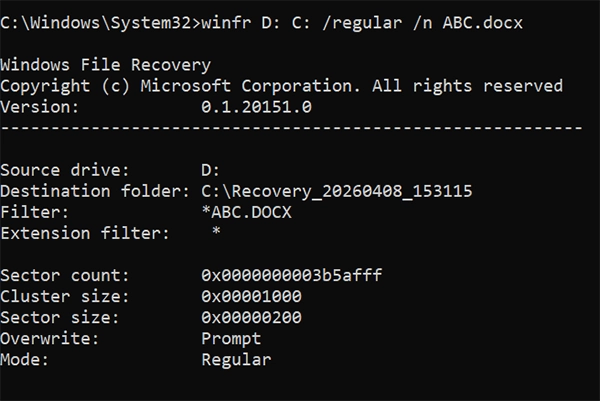 Enter “winfr D: C: /regular /n ABC.docx” Command