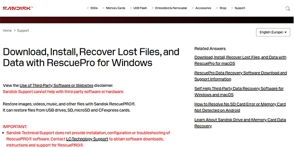 SanDisk support page