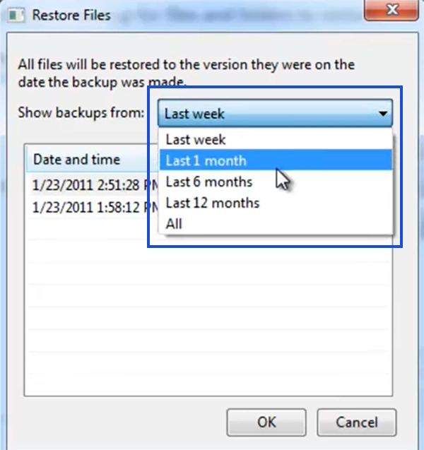 Select When to Show Backups From