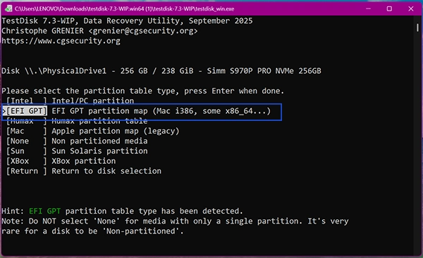 Select partition type