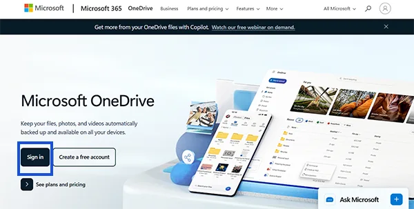 Sign in to the OneDrive account