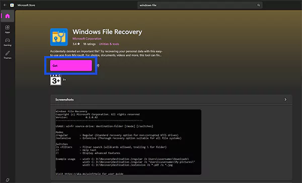 Windows File Recovery in Microsoft Store
