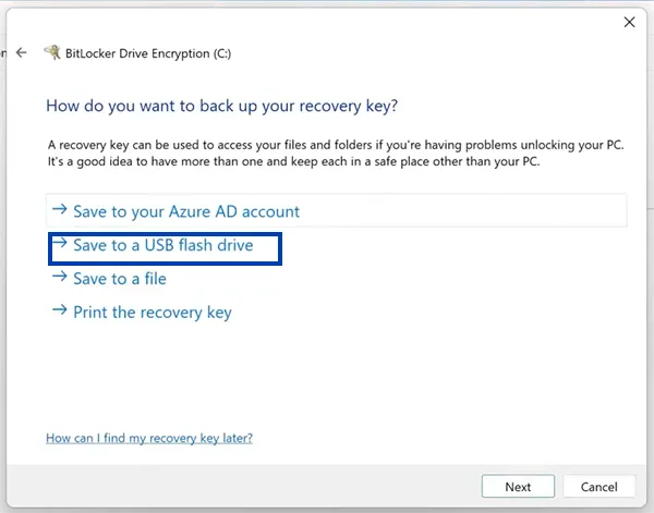 Save recovery key to a USB flash drive