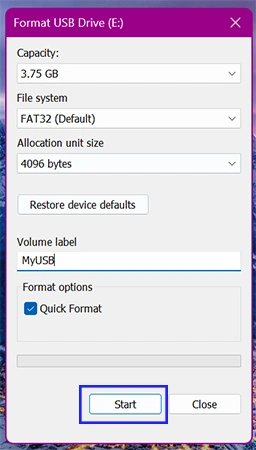 Click the Start button