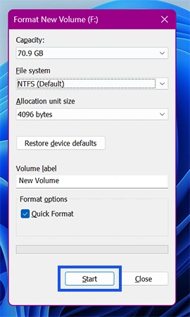 Click the Start button