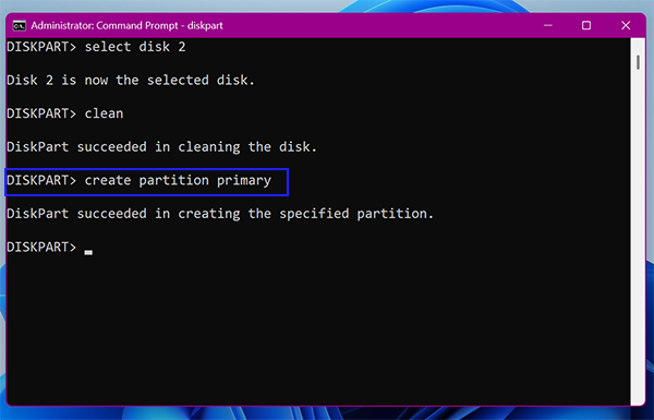 create partition primary command